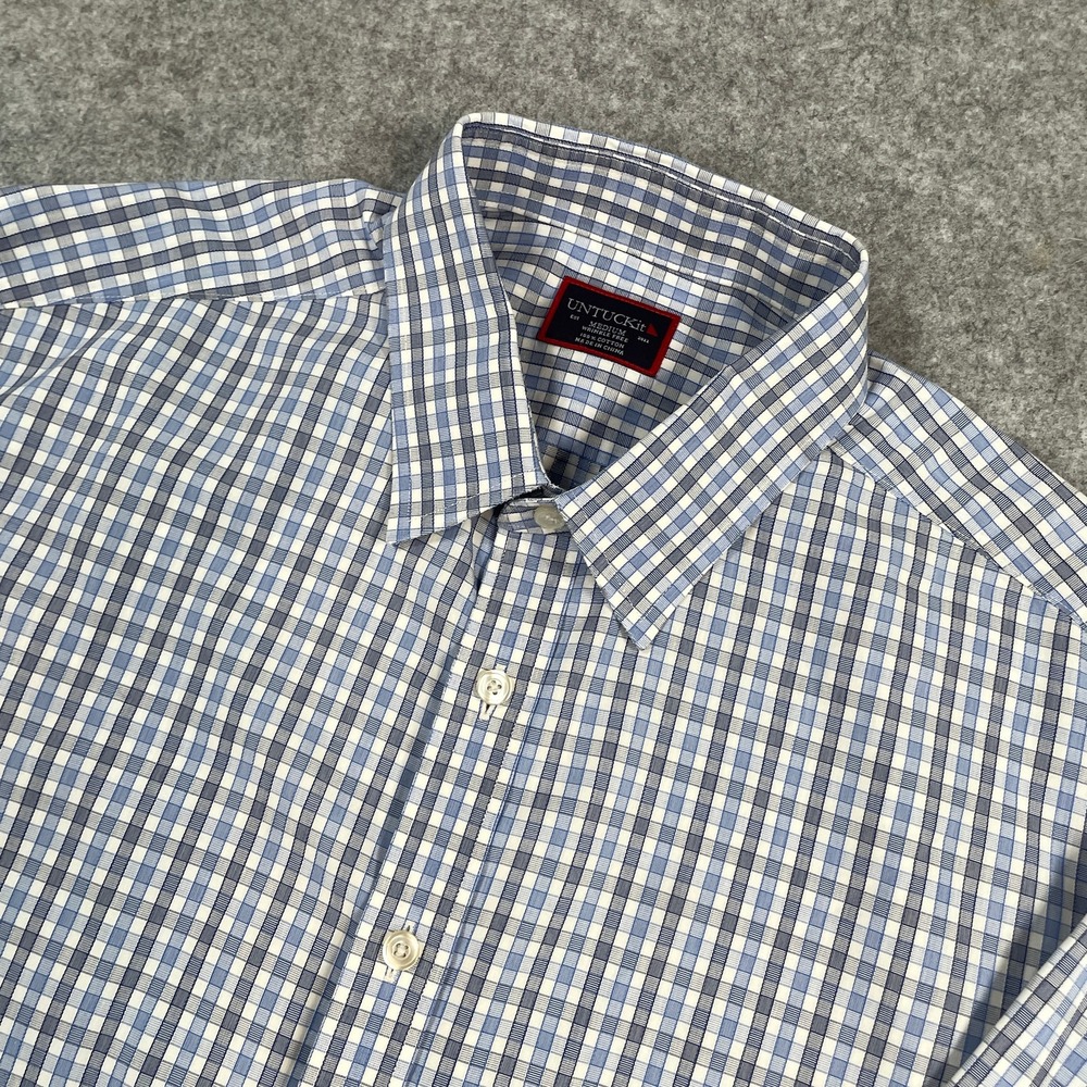 UNTUCKit Mens Button Down Shirt Medium Blue Plaid Wrinkle Free Cotton Long Slv